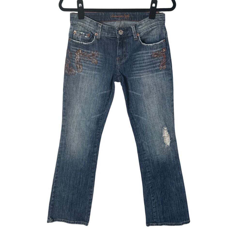 American Eagle‎ Womens Vintage Stretch Boot Cut Embellished Jeans Sz 2 Petite